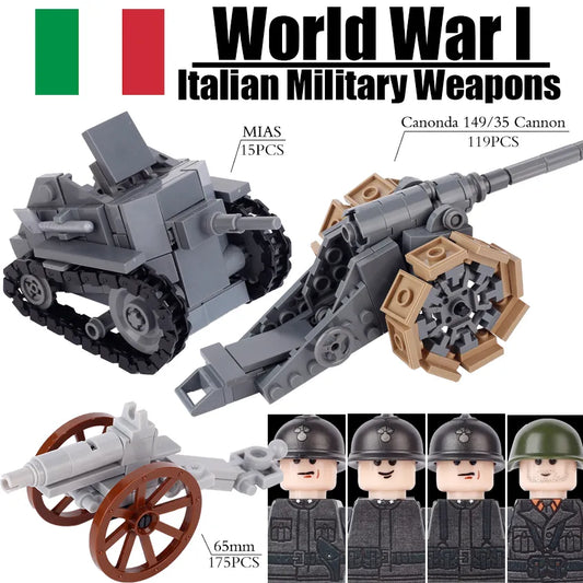 WW1 Italian MIAS Tank Cannon 65mm Mountain Gun Armor Car Army Soldiers Figures